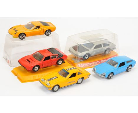 Politoys - Group of 5x Lamborghini Sports Cars. Comprising M22 Urraco Bertone - Red, M25 Jarama - Silver / Black, 552 Miura P