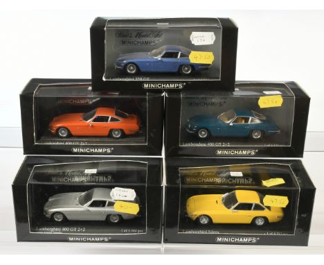 Minichamps 1/43rd Group of 5x Lamborghini Sports Cars. Comprising 3x 400 GT 2+2 - Silver, Orange &amp; Teal Blue, Islero - Ye