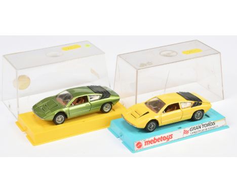 Mebetoys (Mattel) pair of Lamborghini Urraco's comprising of (1) yellow, tan interior, cast wheels and (2) green, tan interio