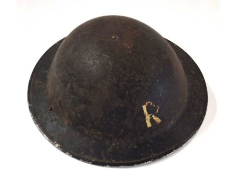 Second World War British Home Front black steel helmet with painted R