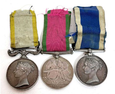 British Victorian Crimea War Medal trio comprising of Crimea Medal, Turkish Crimea Medal, Sardinia Issue, Royal Victorian Nav