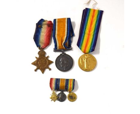 First World War British Medal Trio and set of miniatures to include 1914-15 Star, 1914-18 War Medal and 1914-19 Victory Medal