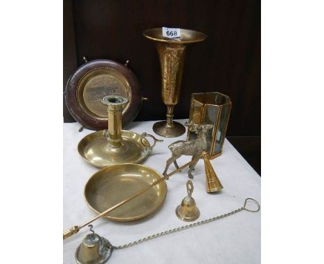 A mixed lot of brassware including chamber candlestick, vase, candlesnuffer etc.,