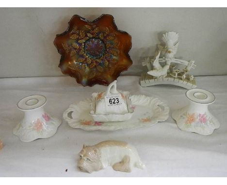 A carnival glass dish, ceramic candlesticks, tray and other ceramic items.&nbsp;&nbsp;COLLECT ONLY.