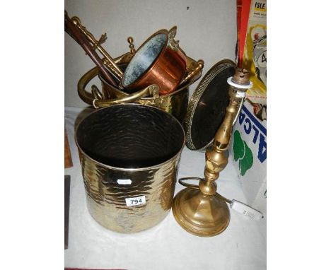 A mixed lot of brass and copper including coal scuttle , bin, lamp etc., COLLECT ONLY.