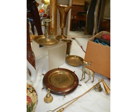 A mixed lot of brassware including chamber candlestick.