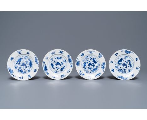 Full title: Four Chinese blue and white 'fish in a pond' plates, Kangxi mark and of the period------- Description: Dia.: 15,5