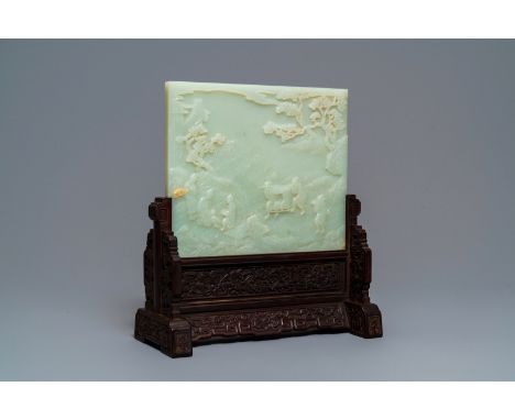 Full title: A Chinese carved pale celadon jade and hardwood table screen, 19/20th C.------- Description: Dim.: 34,5 x 31,5 x 