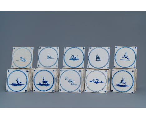 Full title: 54 Dutch Delft blue and white 'animal' tiles, 18/19th C.------- Description: Dim.: ca. 13 x 13 cm (each tile)
