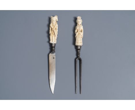 Full title: A pair of Hispano-Philippine or Indo-Portuguese erotical ivory-handled knife and fork, 17th C.------- Description