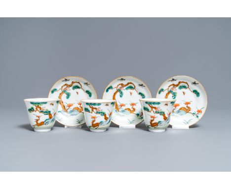 Full title: Three Chinese famille verte 'deer and monkey' cups and saucers, Tongzhi mark and of the period------- Description