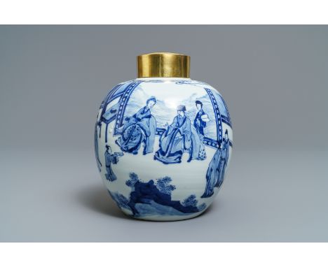 Full title: A Chinese blue and white ginger jar with gilt cover, Jiajing mark, Kangxi------- Description: H.: 21,5 cm
