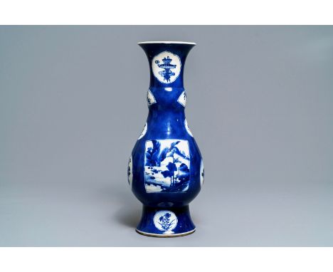 Full title: A Chinese powder blue-ground vase with landscape medallions, Kangxi------- Description: H.: 47,5 cm