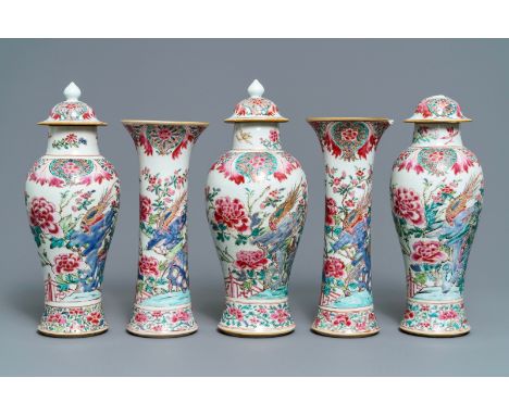 Full title: A Chinese famille rose five-piece garniture with birds among blossoms, Qianlong------- Description: H.: 35,5 cm (