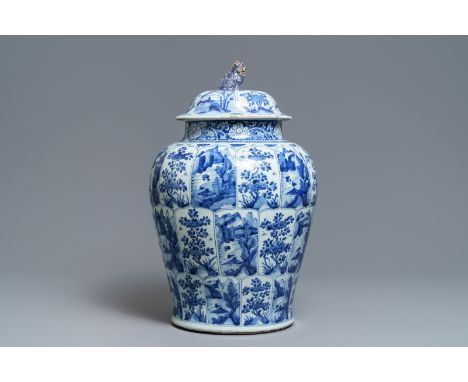 Full title: A large Chinese blue and white 'landscape' vase and cover, Kangxi------- Description: H.: 60,5 cm (the vase incl.