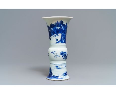 Full title: A Chinese blue and white 'gu' vase with landscape design, Kangxi mark and of the period------- Description: H.: 4