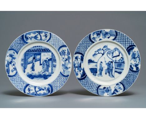 Full title: Two Chinese blue and white 'Romance of the Western Chamber' plates, Kangxi mark and of the period------- Descript