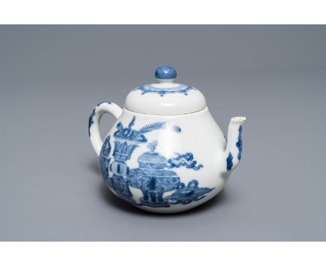 Full title: A Chinese blue and white teapot and cover with antiquities, Jiajing mark, Kangxi------- Description: H.: 10,5 cm 