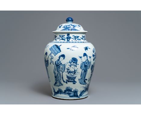 Full title: A large Chinese blue and white vase and cover, Kangxi------- Description: H.: 58 cm