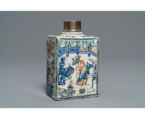Full title: A Dutch Delft cashmere palette chinoiserie tea caddy, 17/18th C.------- Description: H.: 14 cm (incl. silver lid)