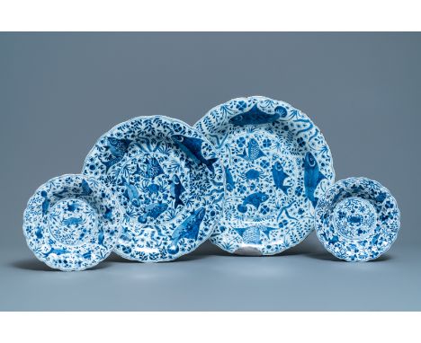 Full title: Two Chinese blue and white gadrooned 'crabs and carps' dishes and a pair of plates, Kangxi------- Description: Di
