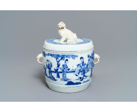 Full title: A Chinese blue and white covered bowl with ladies in a garden, Kangxi------- Description: H.: 22.5 cm - Dia.: 21,