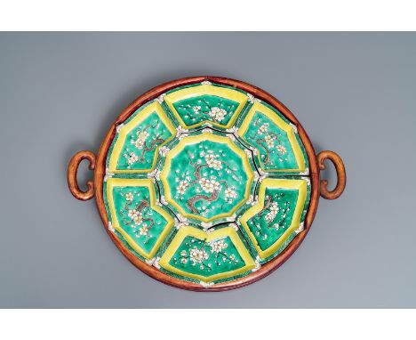 Full title: A Chinese verte biscuit sweetmeat set on wooden tray, Kangxi------- Description: L.: 50,5 cm (the tray) Dia.: 39,