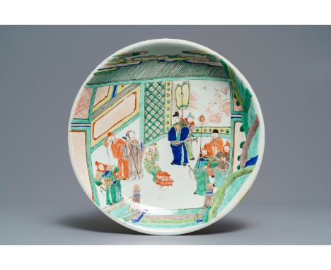 Full title: A Chinese famille verte charger with a narrative scene, Kangxi------- Description: Dia.: 36,5 cm