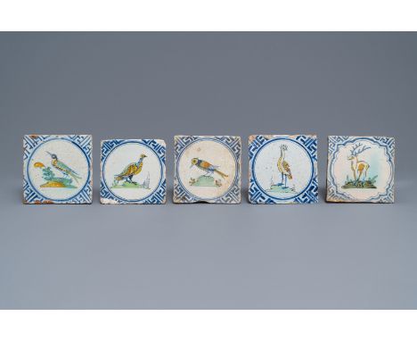 Full title: Five polychrome Dutch Delft tiles with birds and a deer, 1st half 17th C.------- Description: Dim.: 13,3 x 13,3 c