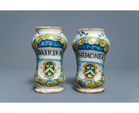 Full title: A pair of Italian maiolica armorial albarelli, Deruta, dated 1562------- Description: H.: 20 cmÊ Ref.:- Sotheby's