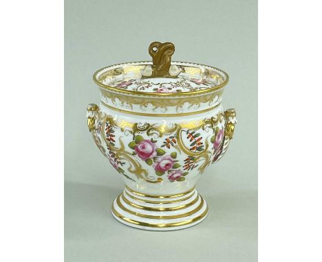 SWANSEA PORCELAIN CABARET SUCRIER, urn shaped on a circular pedestal foot, having twin handles (damaged) and sunken cover wit