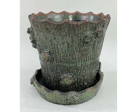 EWENNY POTTERY PLANT POT &amp; SAUCER of naturalistic tree trunk form with bark texture and truncated branches, in white slip
