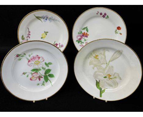 PAIR OF SWANSEA PORCELAIN PLATES &amp; PAIR OF SIMILAR UNKNOWN, comprises first pair with scattered enamel flowers within a s