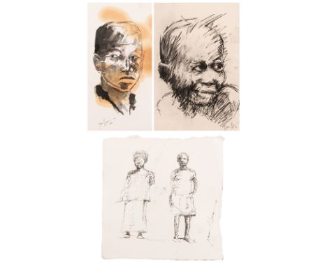 Nelson Makamo (South African 1982 -) TWO FIGURES; PORTRAIT; PORTRAIT, three a group of three drawings comprising one signed i