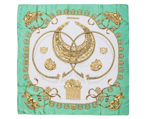AN HERMES SILK SCARF: LES CAVALIERS DÓR artist: Vladimir Rybaltchenko year of issue: 1975           theme: gold jewellery of 
