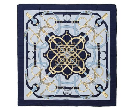 AN HERMES SILK SCARF: EPERON DÓR artist: Henri d’Órigny year of issue: 1974 theme: equestrian colours: navy and pale blue con