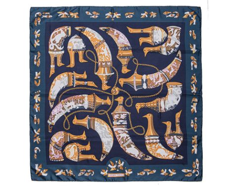 AN HERMES SILK SCARF: RHYTONS artist: Karen Swildens year of issue: 1975 theme: birds and mythology colours: blue and gold co