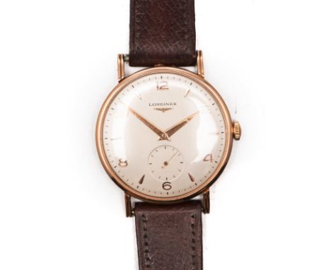 A GENTLEMAN'S 18CT ROSE GOLD WRISTWATCH, LONGINES automatic, the circular cream dial, applied with baton and Arabic numeral h
