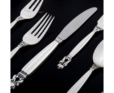 A SET OF DANISH SILVER 'ACORN' PATTERN CUTLERY, DESIGNED BY JOHAN ROHDE FOR GEORG JENSEN, COPENHAGEN, 1915 - 1927 comprising: