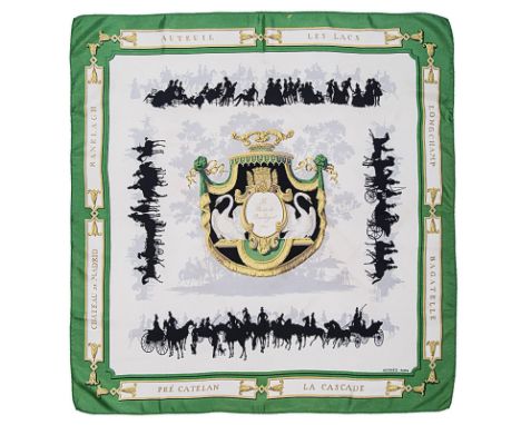 AN HERMES SILK SCARF: LE BOIS DE BOULOGNE artist: Hugo Grygkar year of issue: 1957 theme: equestrian colours: green and crème
