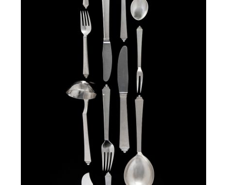 A SET OF DANISH SILVER "PYRAMID" PATTERN CUTLERY, DESIGNED IN 1926 BY HARALD NIELSEN FOR GEORG JENSEN, COPENHAGEN, 20TH CENTU