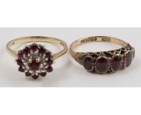 An Edwardian 9 carat gold five stone garnet ring in the Victorian style, finger size O; with a 9 carat gold diamond and ruby 