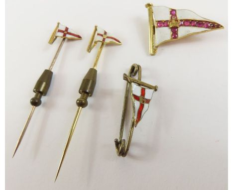 A Royal Yacht Squadron ruby and enamel Burgee brooch, tests as 14-18ct gold, 3cm long 5.32g ross; two Royal Yacht Squadron st