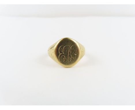 A 9ct gold signet ring, the oval head with engraved initials - ERF, finger size N 1/2, 6.48g gross (with ring clip, marked '9