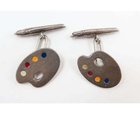 A pair of silver and enamel cufflinks in the form of an artist palette 