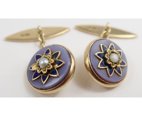 A pair of 9 carat gold enamel and cultured pearl set cufflinks, 6.4 g gross (the pearls untested and unwarranted)
