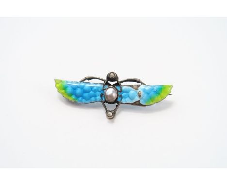 An enamel and blister pearl scarab brooch, unmarked, 3.7 cm across (the pearl untested and unwarranted)