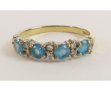 A 9ct gold blue and white stone half eternity ring, finger size Q 1/2, 2.2g gross