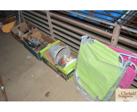 Three boxes of various hand tools; two garden loungers etc. 