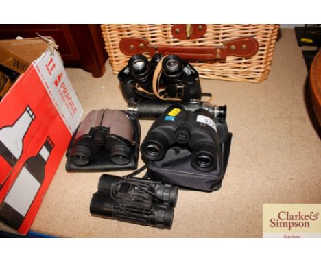 Four pairs of binoculars including Carl Zeiss and a telescope 